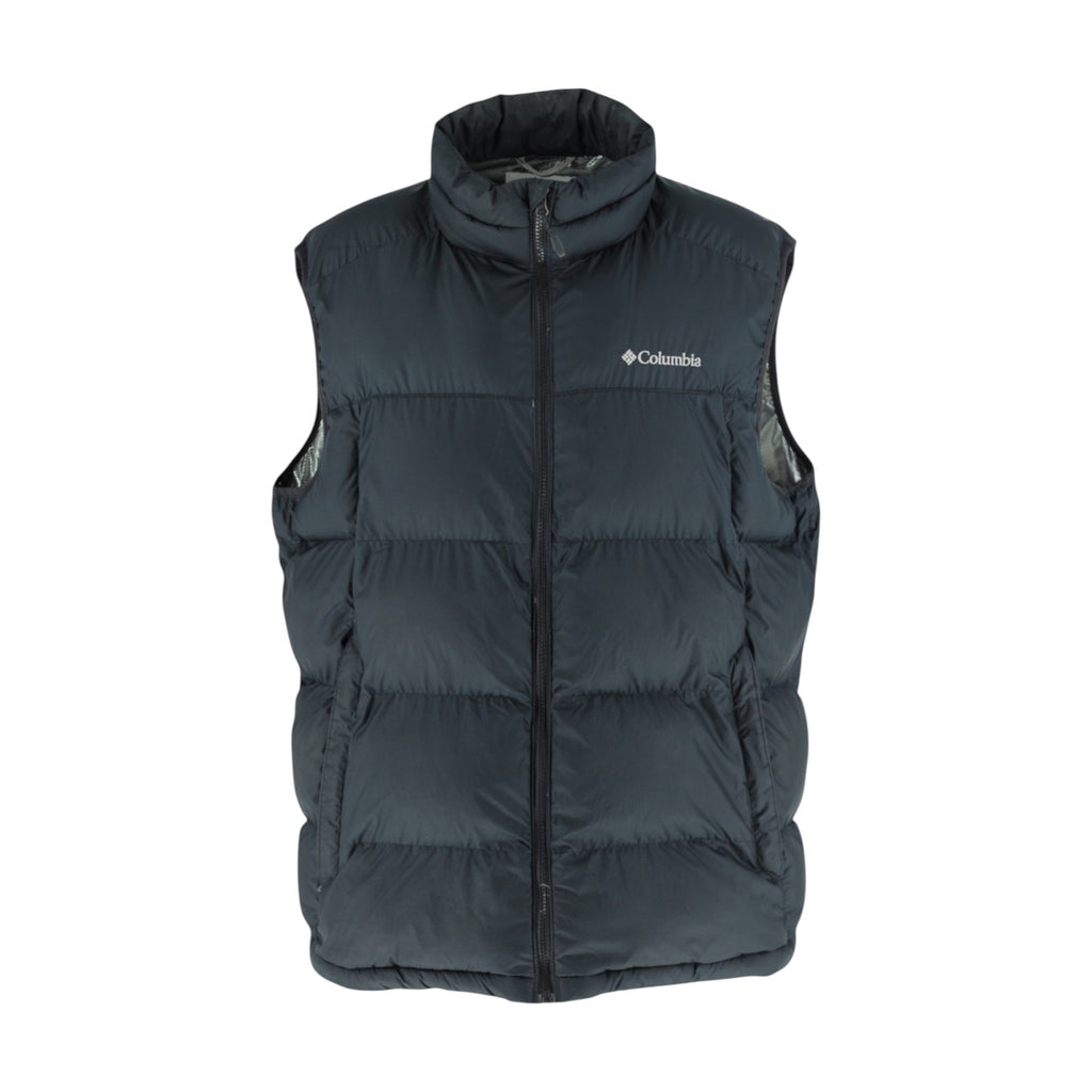 Black puffer vest with Columbia logo on a white background