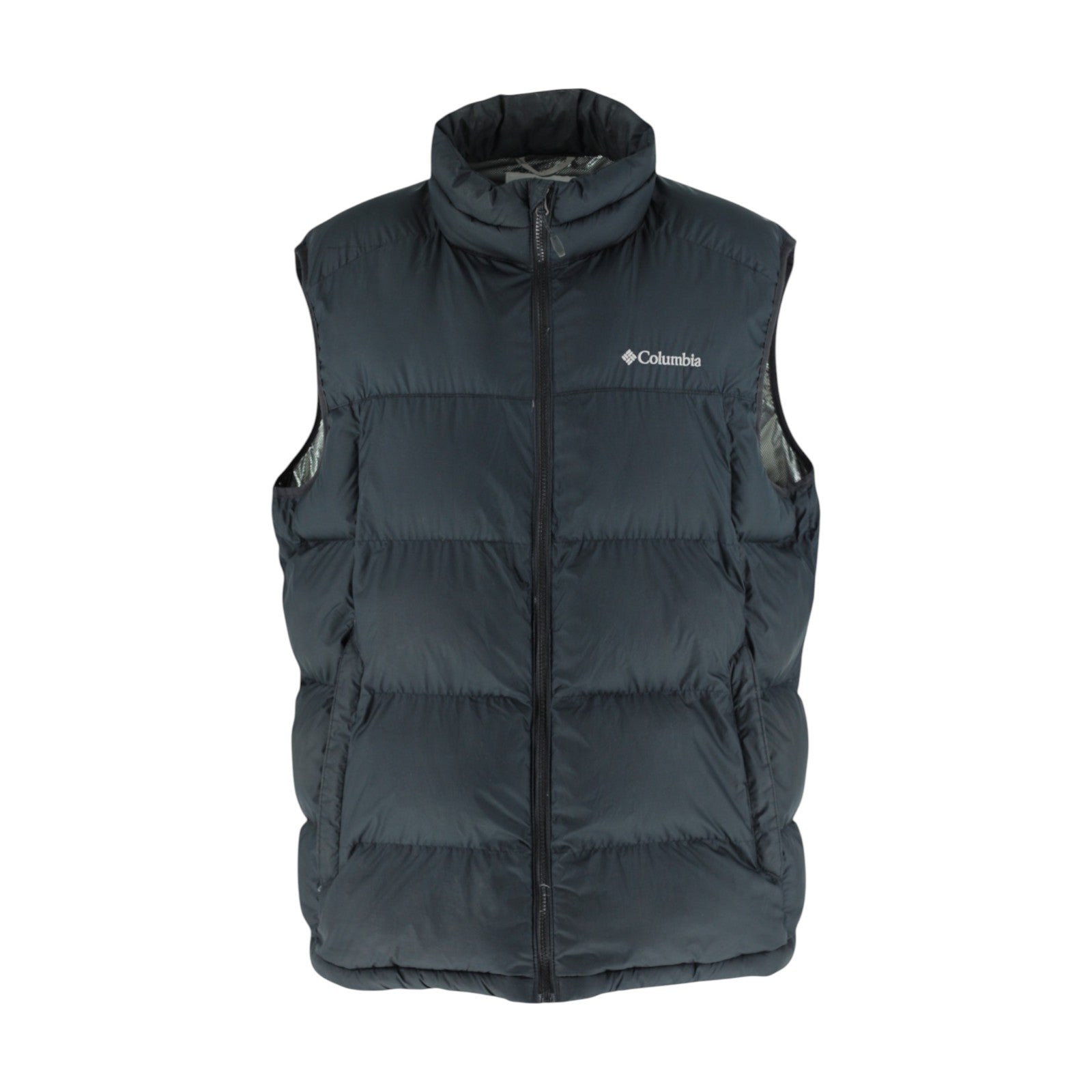 Black puffer vest with Columbia logo on a white background